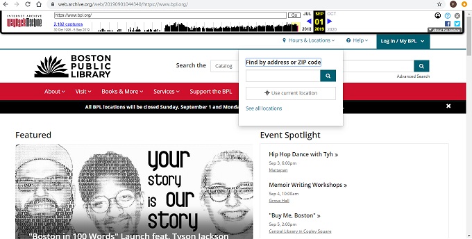 Screen shot of BPL's 2019 website showing that one needs to click on hours and locations